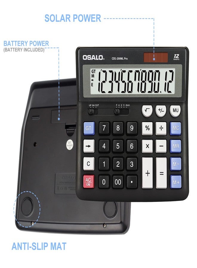 OSALO Desktop Calculator Extra Large Display 12 Digits Big Buttons Solar Accounting Calculator for Office Black (OS-200ML) - Image 5