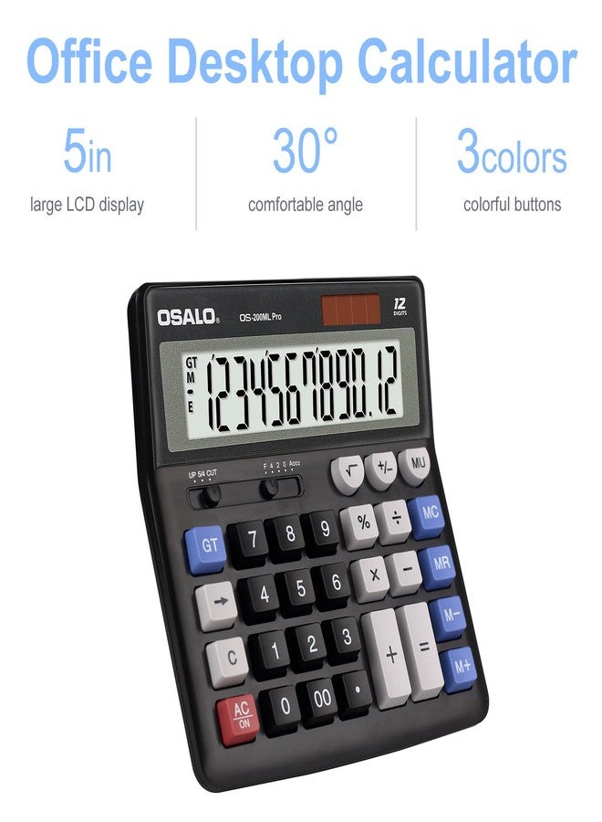 OSALO Desktop Calculator Extra Large Display 12 Digits Big Buttons Solar Accounting Calculator for Office Black (OS-200ML) - Image 4
