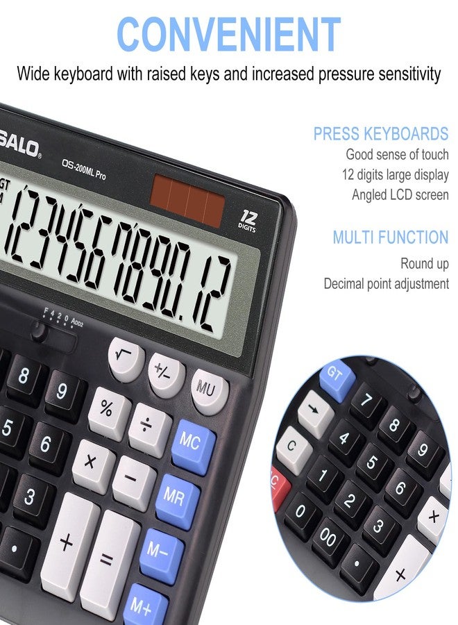 OSALO Desktop Calculator Extra Large Display 12 Digits Big Buttons Solar Accounting Calculator for Office Black (OS-200ML) - Image 3
