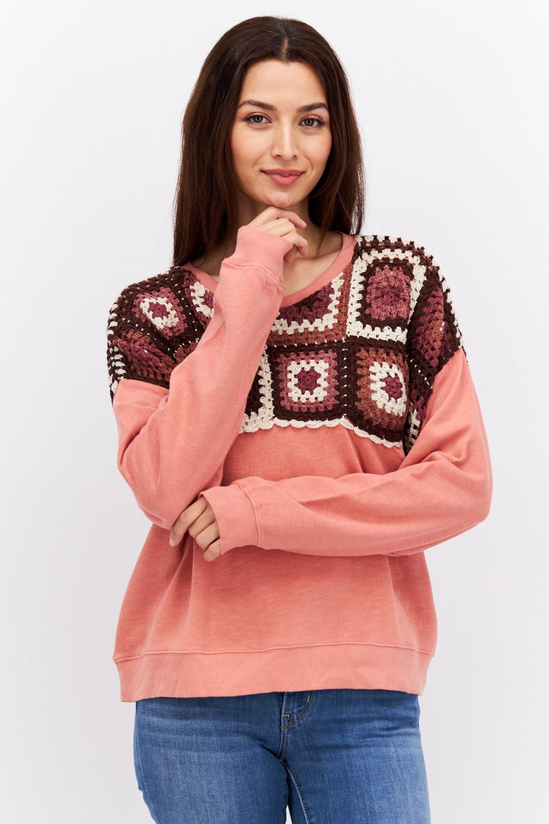 LUCKY BRAND بلوزة نسائية بأكمام طويلة وياقة دائرية، مزيج خوخي داكن