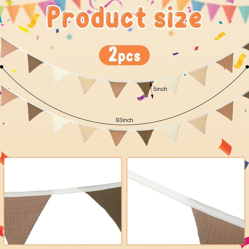 Oudain 2 Pcs Pennant Banner Flags Nursery Garland Triangle Bunting Flags Playroom Wall Decor Banner for Nursery Baby Shower Birthday Boho Wedding Party Event, Each 7.75 ft(Khaki Colors) - Image 2