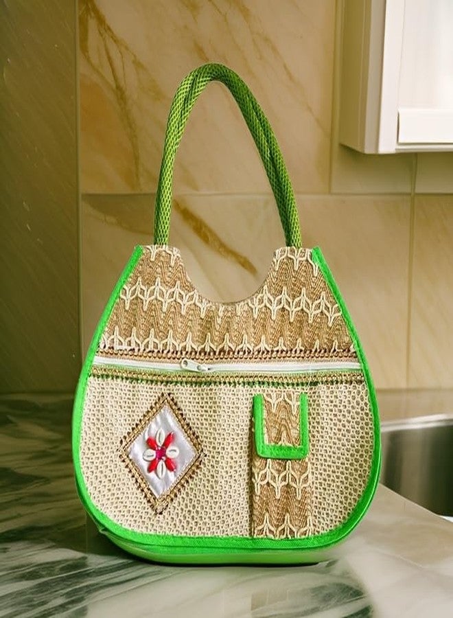 Salvus APP SOLUTIONS Cream and Green Border Jute Shoulder Handbag, Multicolor, 30 x 9 x 50 cm, Handbags for Ladies - Image 2
