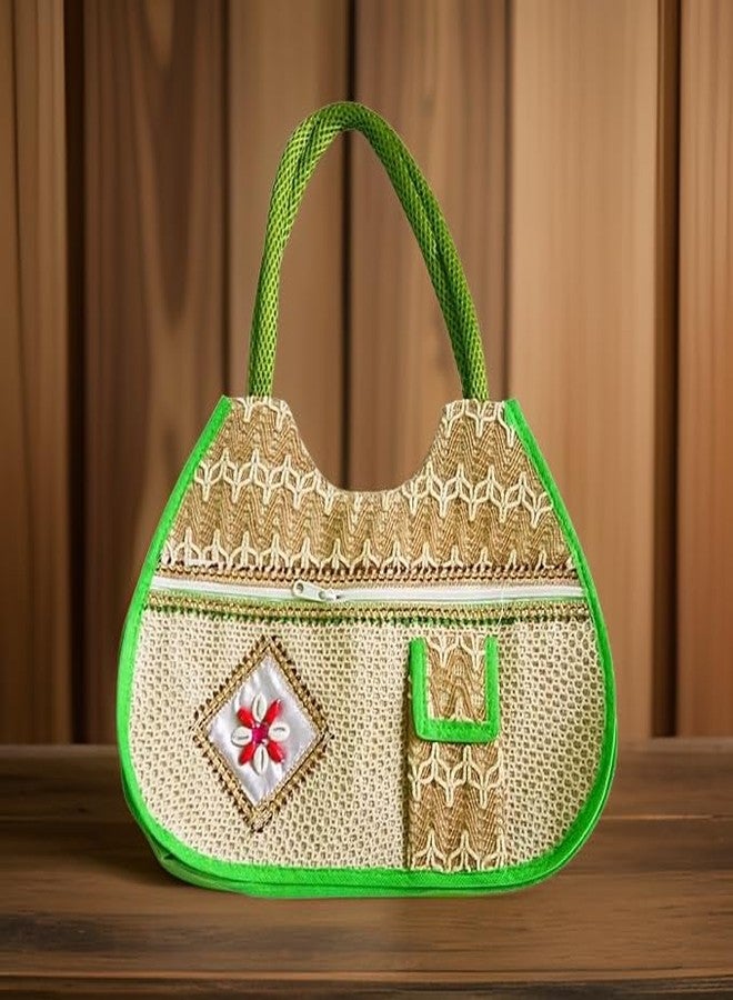 Salvus APP SOLUTIONS Cream and Green Border Jute Shoulder Handbag, Multicolor, 30 x 9 x 50 cm, Handbags for Ladies - Image 4