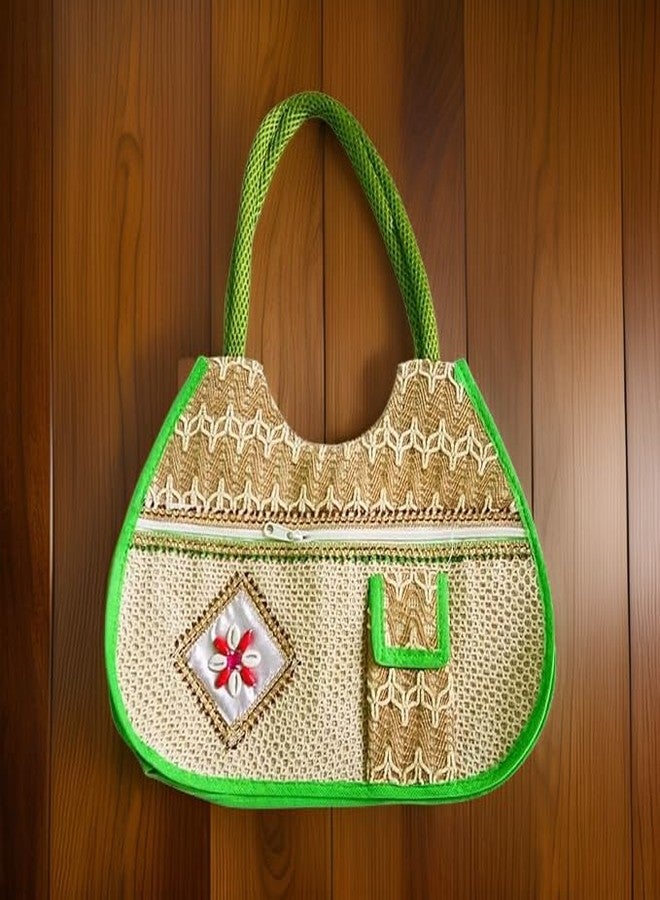 Salvus APP SOLUTIONS Cream and Green Border Jute Shoulder Handbag, Multicolor, 30 x 9 x 50 cm, Handbags for Ladies - Image 3