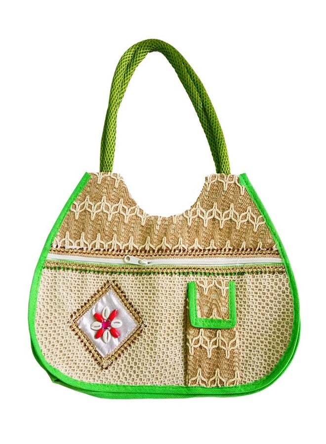 Salvus APP SOLUTIONS Cream and Green Border Jute Shoulder Handbag, Multicolor, 30 x 9 x 50 cm, Handbags for Ladies - Image 1