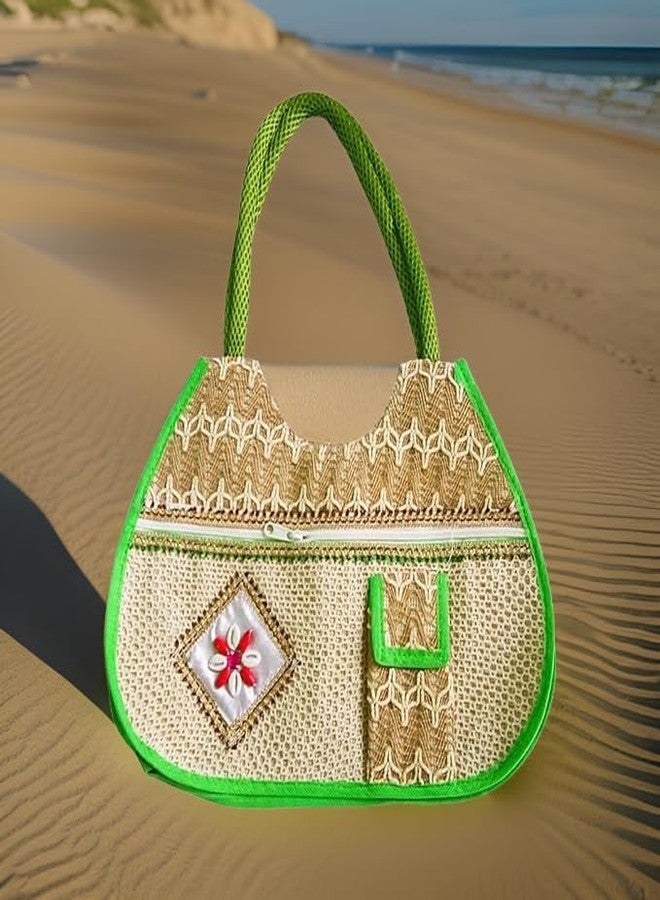 Salvus APP SOLUTIONS Cream and Green Border Jute Shoulder Handbag, Multicolor, 30 x 9 x 50 cm, Handbags for Ladies - Image 5