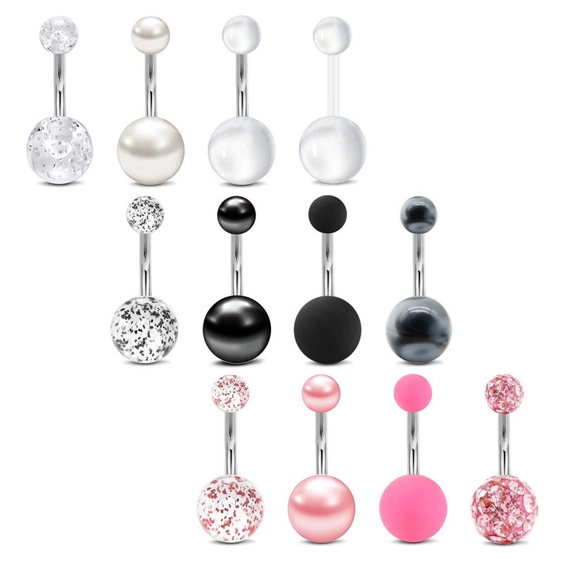 MODRSA Belly Button Ring Belly Rings Surgical Steel Pearl Belly Button Rings Belly Piercing Navel Rings for Women Pink Black