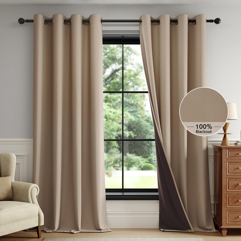 FMFUNCTEX 100% Brown Blackout Curtains for Bedroom, Solid Weave Textured Geometric Weave Curtains 84 Inches Long Thermal Insulated Curtains Living Room, Black Out Drapery Grommet 2 Panels - Image 1
