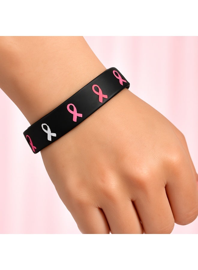 MELIZ Breast Cancer Awareness Silicone Wristband – Pink & White Ribbon Pattern (Black) - Image 2