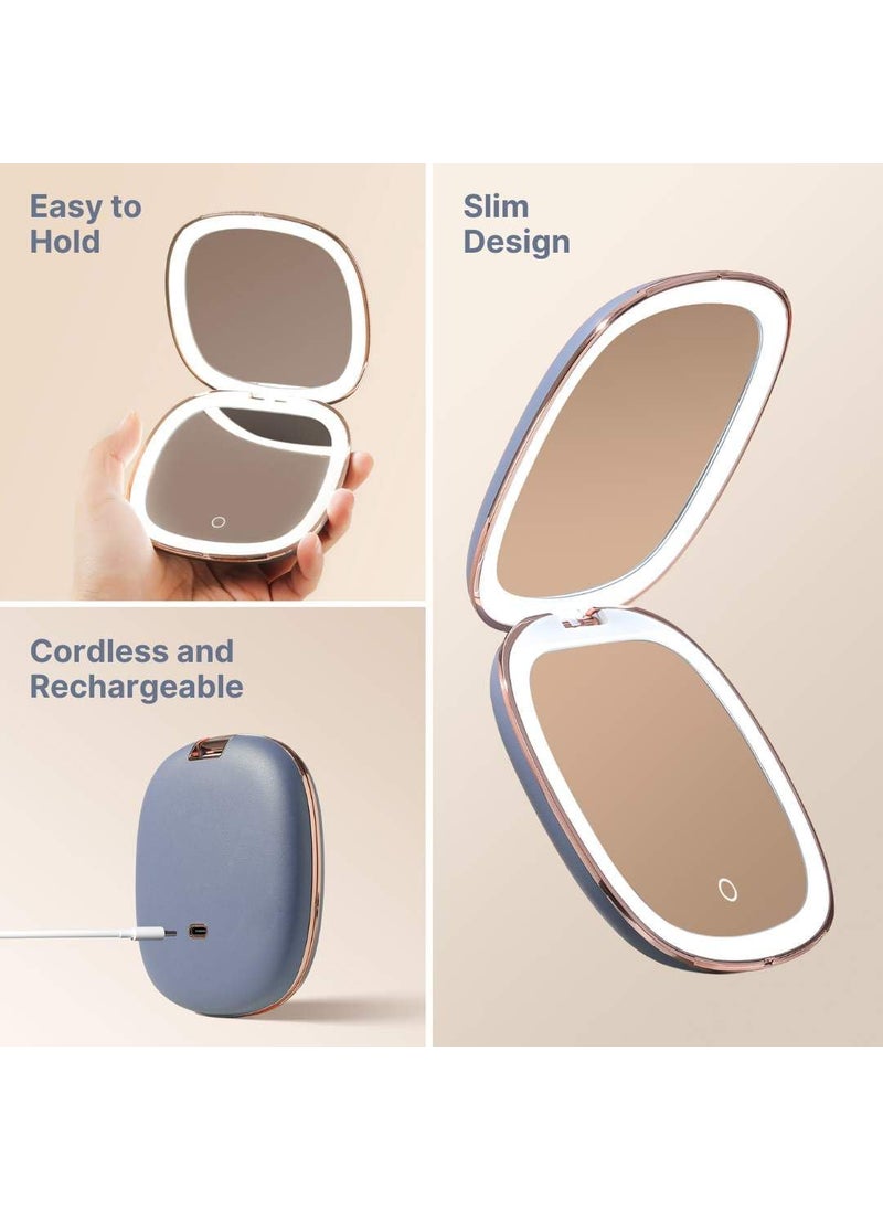 Fancii Fancii Mila 2 LED Lighted Compact Makeup Mirror Rechargeable 10x 1x Magnifying TruGlow Light System Vegan Leather Small Travel Mirror for Purses Harbor Blue  - Image 3