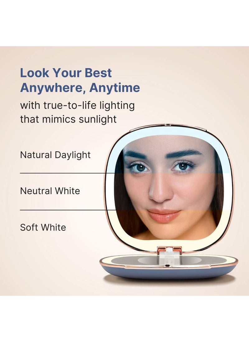 Fancii Fancii Mila 2 LED Lighted Compact Makeup Mirror Rechargeable 10x 1x Magnifying TruGlow Light System Vegan Leather Small Travel Mirror for Purses Harbor Blue  - Image 5