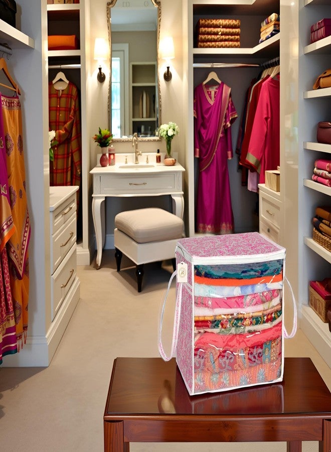SHAPING FABRIC Pink Floral Fabric Saree Storage Bag with Transparent Front & Zipper Closure - Pack of 01 SF-SBB-1308 - Image 1