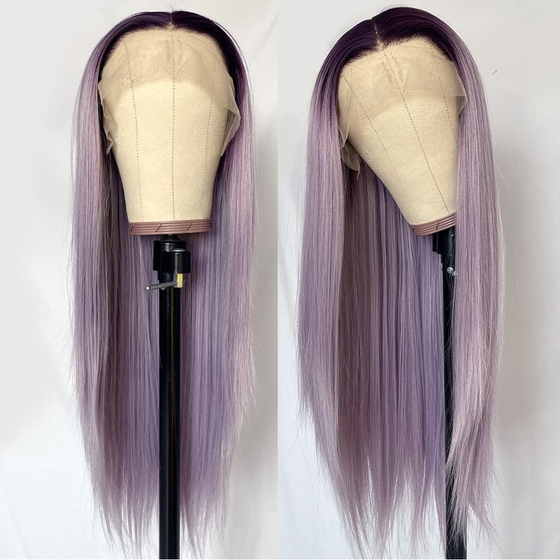 QD-Tizer Synthetic Lace Front Wigs Purple Long Straight Lace Front Wig Light Purple Ombre Color Free Part Lace Wig Natural Hair 24 inch - Image 4