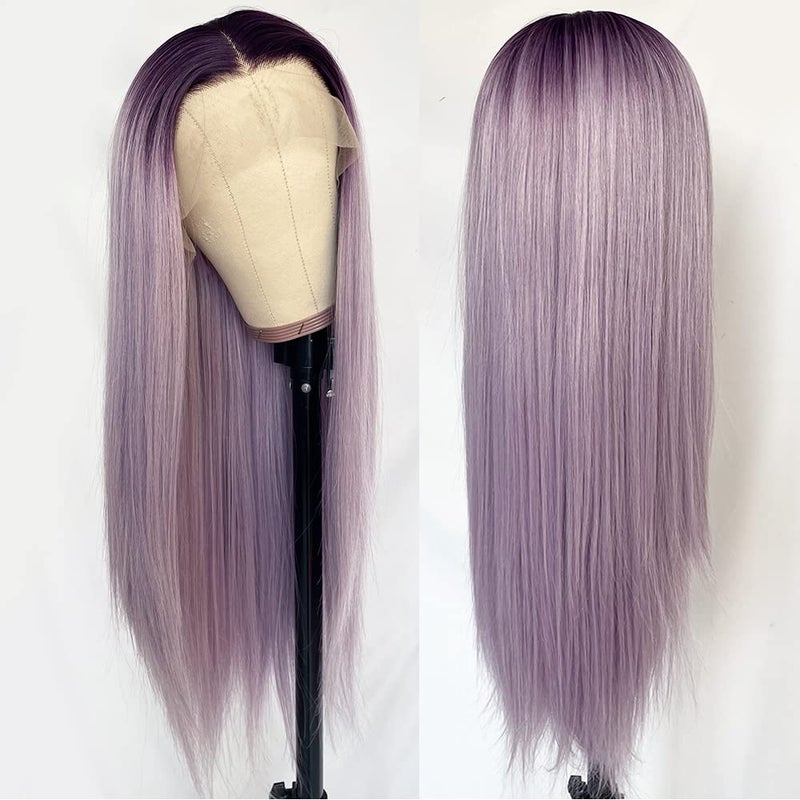 QD-Tizer Synthetic Lace Front Wigs Purple Long Straight Lace Front Wig Light Purple Ombre Color Free Part Lace Wig Natural Hair 24 inch - Image 3