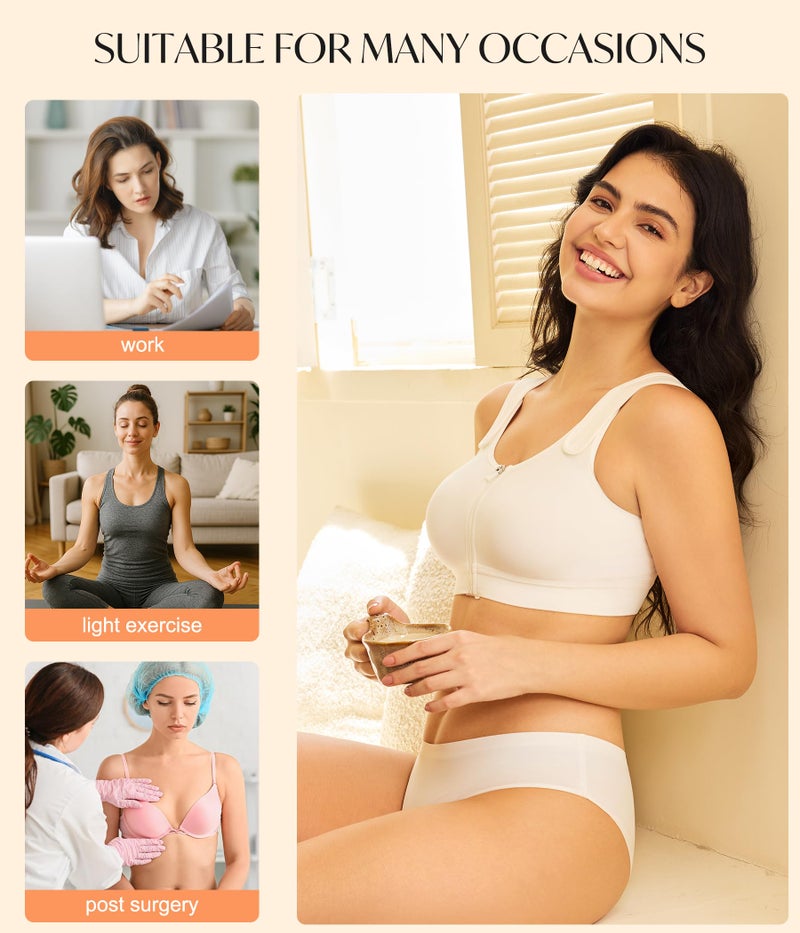 CYDREAM Zip Front Closure Wireless Bras for Women Full Coverage Post Surgery Compression Back Smoothing Comfort Adjustable (US, Alpha, Medium, Regular, Regular, White) - Image 5