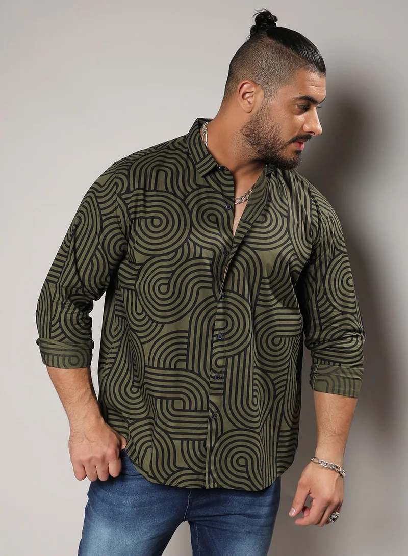 Instafab Plus Instafab Plus Men's Army Green & Black Contrast Lines Shirt For Casual Wear | Spread Collar | Long Sleeve | Button Closure | Heavy Rayon Shirt Crafted With Comfort Fit For Everyday Wear