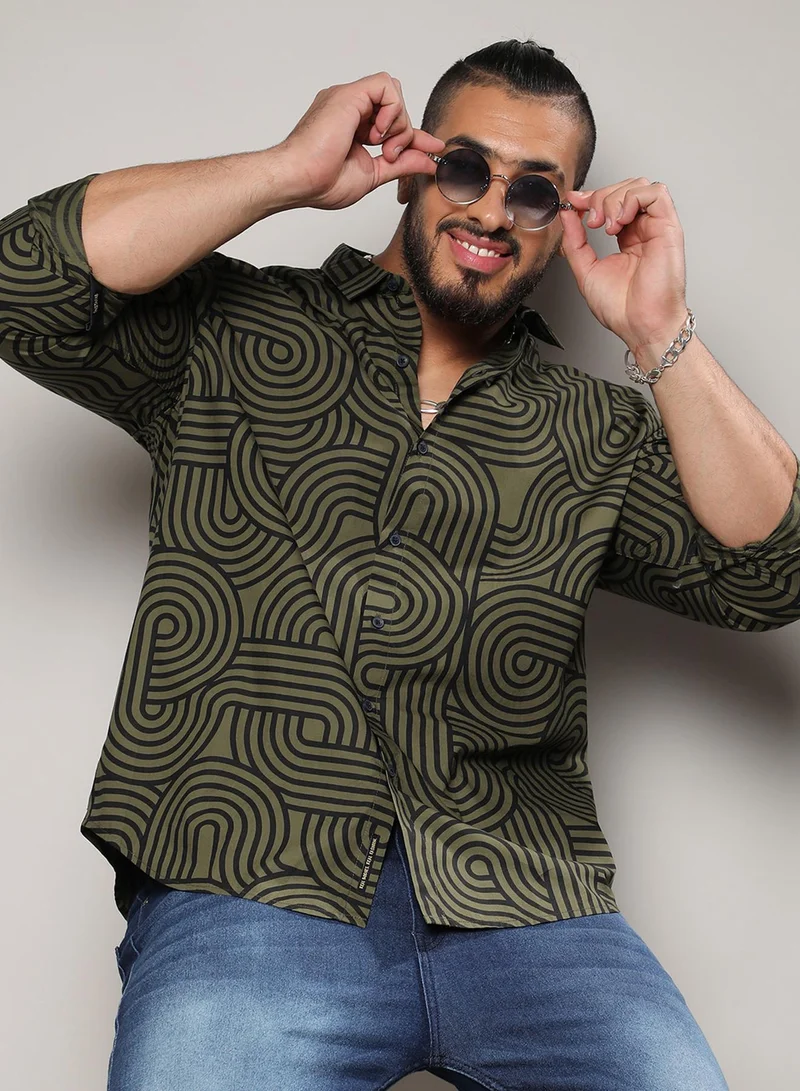 Instafab Plus Instafab Plus Men's Army Green & Black Contrast Lines Shirt For Casual Wear | Spread Collar | Long Sleeve | Button Closure | Heavy Rayon Shirt Crafted With Comfort Fit For Everyday Wear