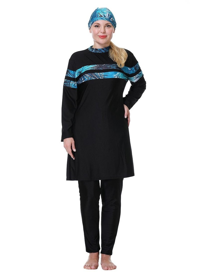 Loquat Womens Big Size 3-Piece Swimwear Set Conservative Style Long Sleeve Burkinis Swimsuit Set Black/Blue  - Image 1