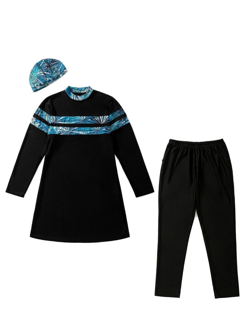 Loquat Womens Big Size 3-Piece Swimwear Set Conservative Style Long Sleeve Burkinis Swimsuit Set Black/Blue  - Image 2