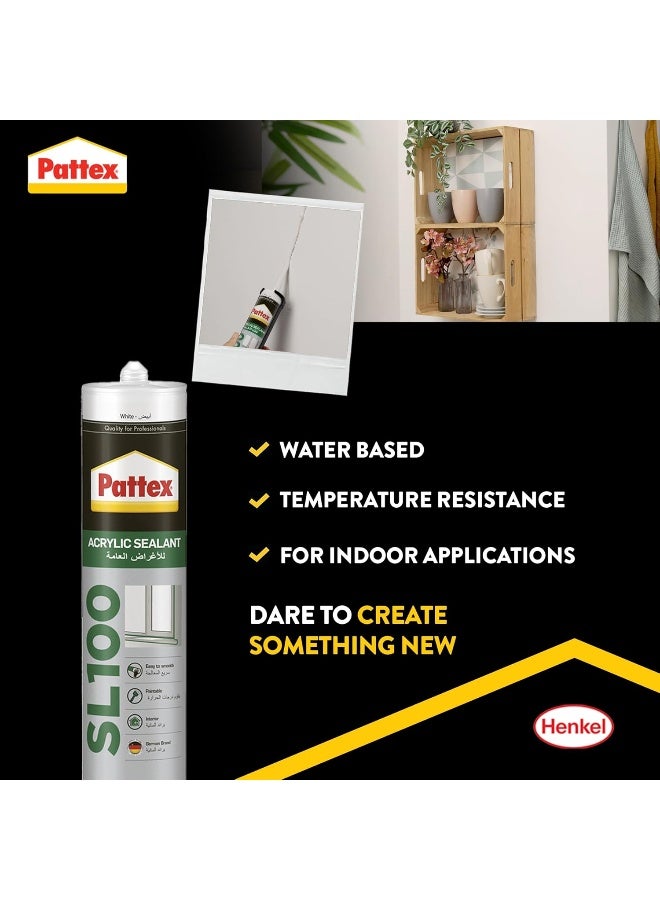 Pattex سلي 100 سيليكون أكريليك باللون الأبيض - مادة تعبئة للج joints للاستخدام الداخلي، مثالية للشقوق، إطارات الأبواب والنوافذ، سهلة الاستخدام، 1x280 مل خرطوشة - Image 2