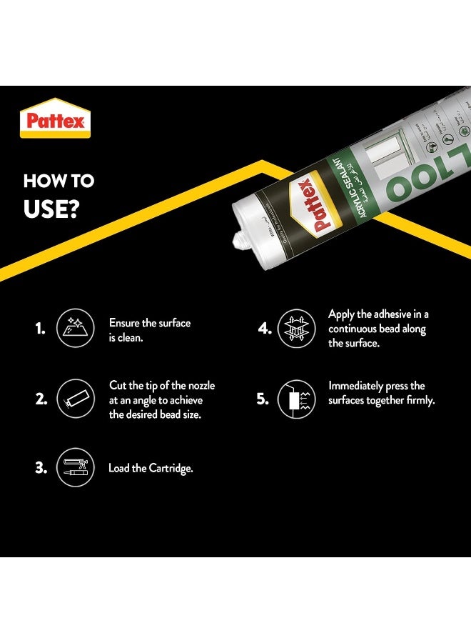 Pattex سلي 100 سيليكون أكريليك باللون الأبيض - مادة تعبئة للج joints للاستخدام الداخلي، مثالية للشقوق، إطارات الأبواب والنوافذ، سهلة الاستخدام، 1x280 مل خرطوشة - Image 3