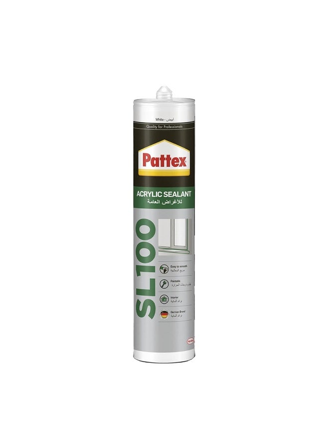 Pattex سلي 100 سيليكون أكريليك باللون الأبيض - مادة تعبئة للج joints للاستخدام الداخلي، مثالية للشقوق، إطارات الأبواب والنوافذ، سهلة الاستخدام، 1x280 مل خرطوشة - Image 1