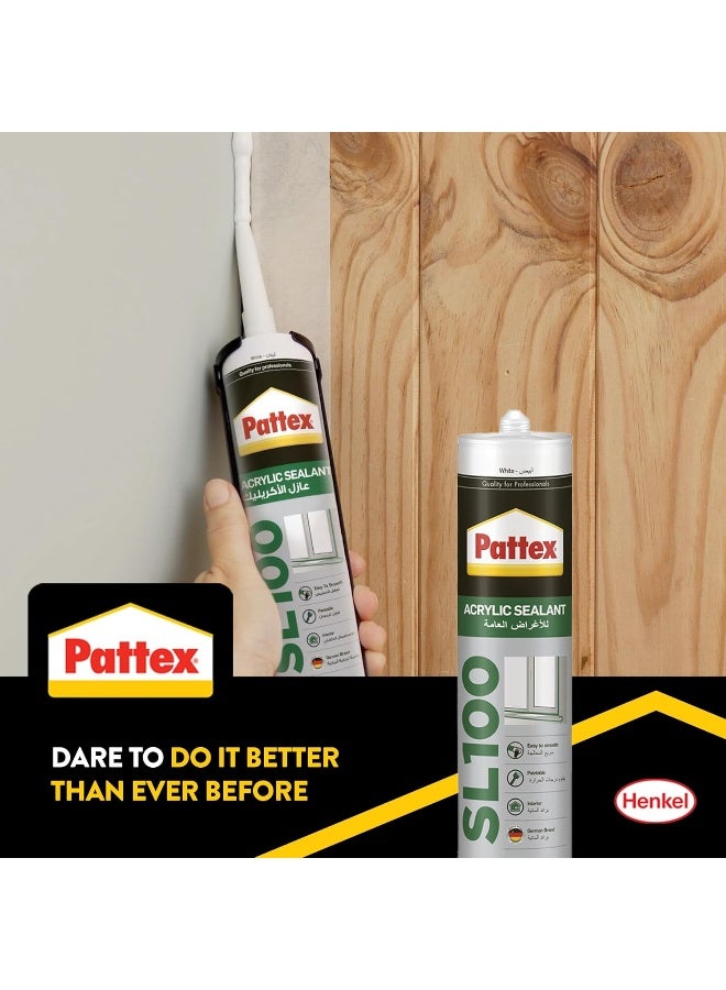 Pattex سلي 100 سيليكون أكريليك باللون الأبيض - مادة تعبئة للج joints للاستخدام الداخلي، مثالية للشقوق، إطارات الأبواب والنوافذ، سهلة الاستخدام، 1x280 مل خرطوشة - Image 4