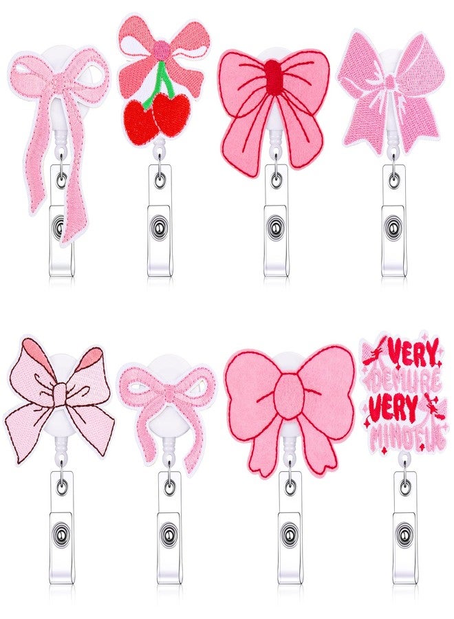 Knitgrip 8 Pcs Cute Bow Badge Reel Coquette Pink Retractable Badge Reel for ID Card Alligator Clip Accessories for Nurse Medical Worker Office School Teacher(Bow Theme,Embroidered Cloth) - Image 1