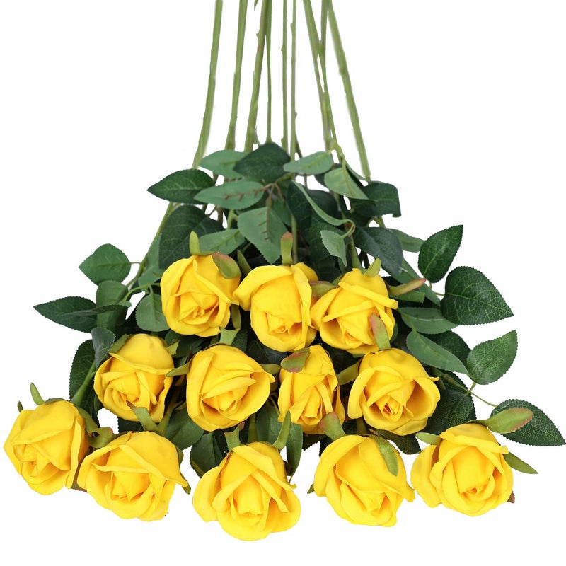 Tifuly Artificial Flowers12 Pcs Single Long Stem Fake Rose Silk Flowers Faux Rose Bridal Bouquet Realistic Flower for Wedding Party Home Table Decoration CenterpiecesBud RosesYellow