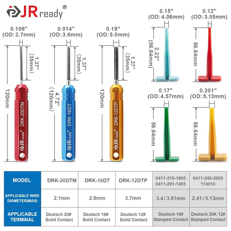 JRready ST5236 Deutsch Pin Extractor Tool for 16#12#20# Solid/Stamped Contacts 10-22 AWG, Terminal Removal Tool Kit with Steel DRK-RT1 for Deutsch DT,DTM,DTP Series Connector 13PCS - Image 2