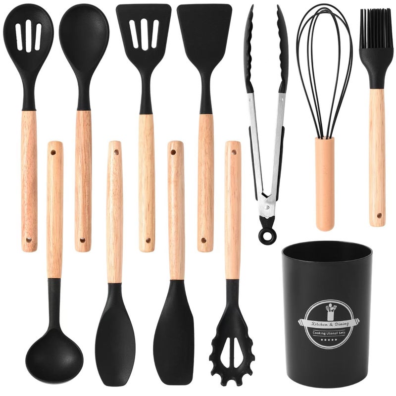 Cross-border wholesale wooden handle silicone kitchenware 12 pieces suit household high temperature resistant cooking silicone spatula soup spoon suit Black