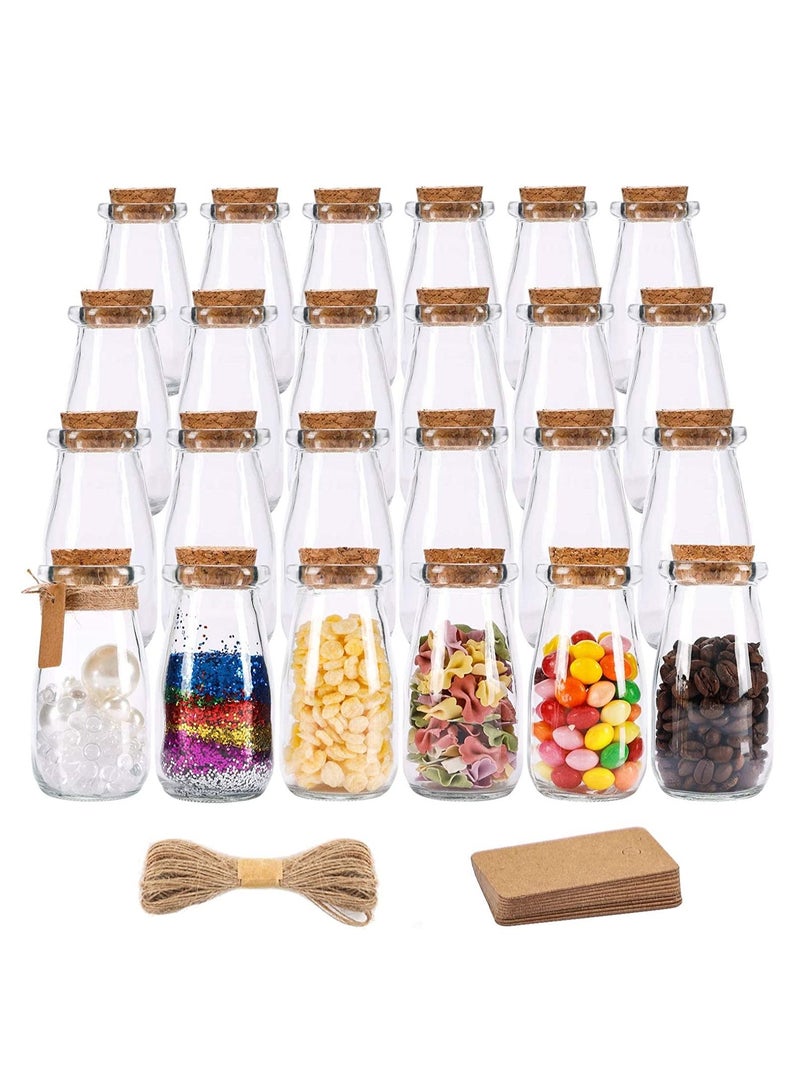 SYOSI 24pcs 3.4oz Glass Favor Jars, 100ml Small Bottles with Cork Lids, Mini Milk Potion Bottles, Party Cute Jars Wedding Favors Label Tags and 30m Burlap Ribbon - Image 1