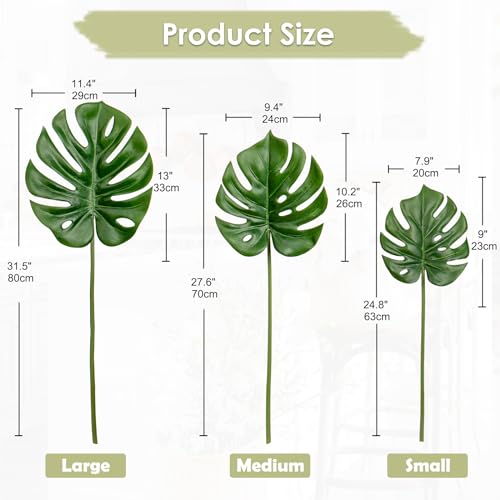 DILATATA 3 Pack Artificial Monstera Leaves with Long Stem for Vase Fake Tropical Plants Palm Leaves Realistic Philo Turtle Leaves for Home Wedding Party Decor - Image 3
