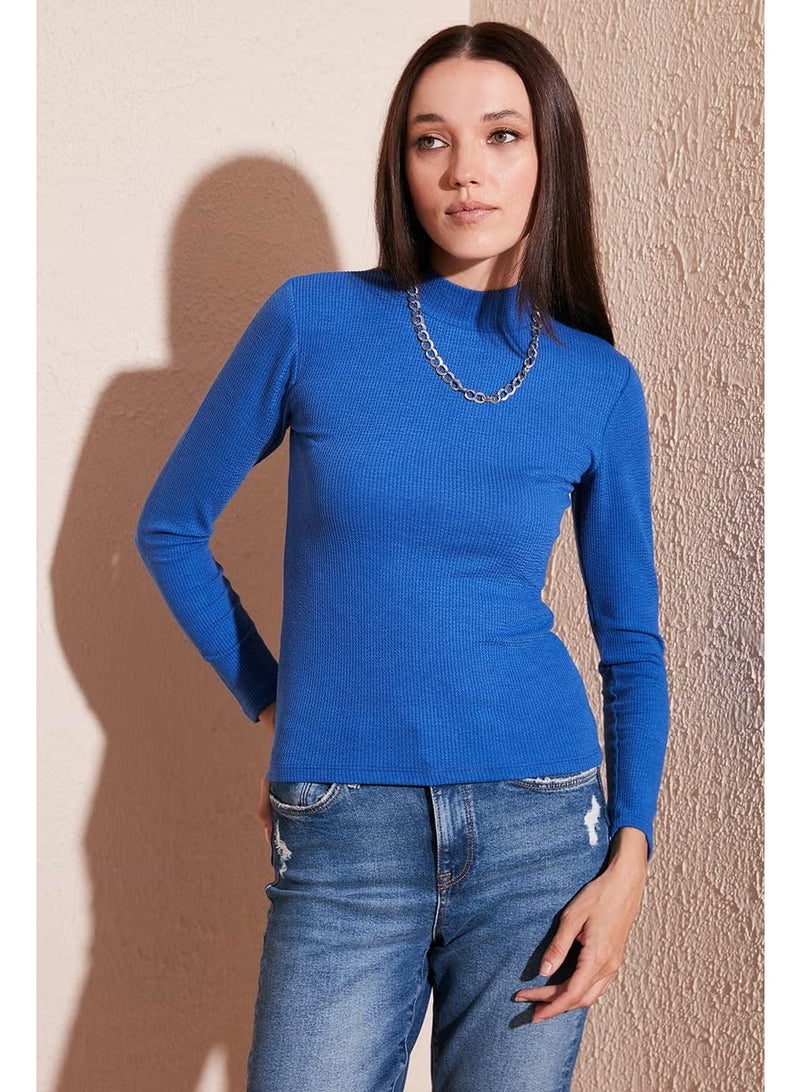 Lela سويت شيرت نسائي نصف طوق مرن ضيق محزز 5865344 - Image 5