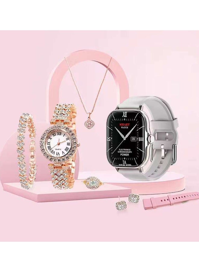 7 in 1 Watch Series 9 Smart Watch for Women and Golden Mechanical Watch with Silicon Band and 1 Golden Bracelet and 1 Pendant and 1 pair of Stud Earrings and ring (Silver)  - Image 1