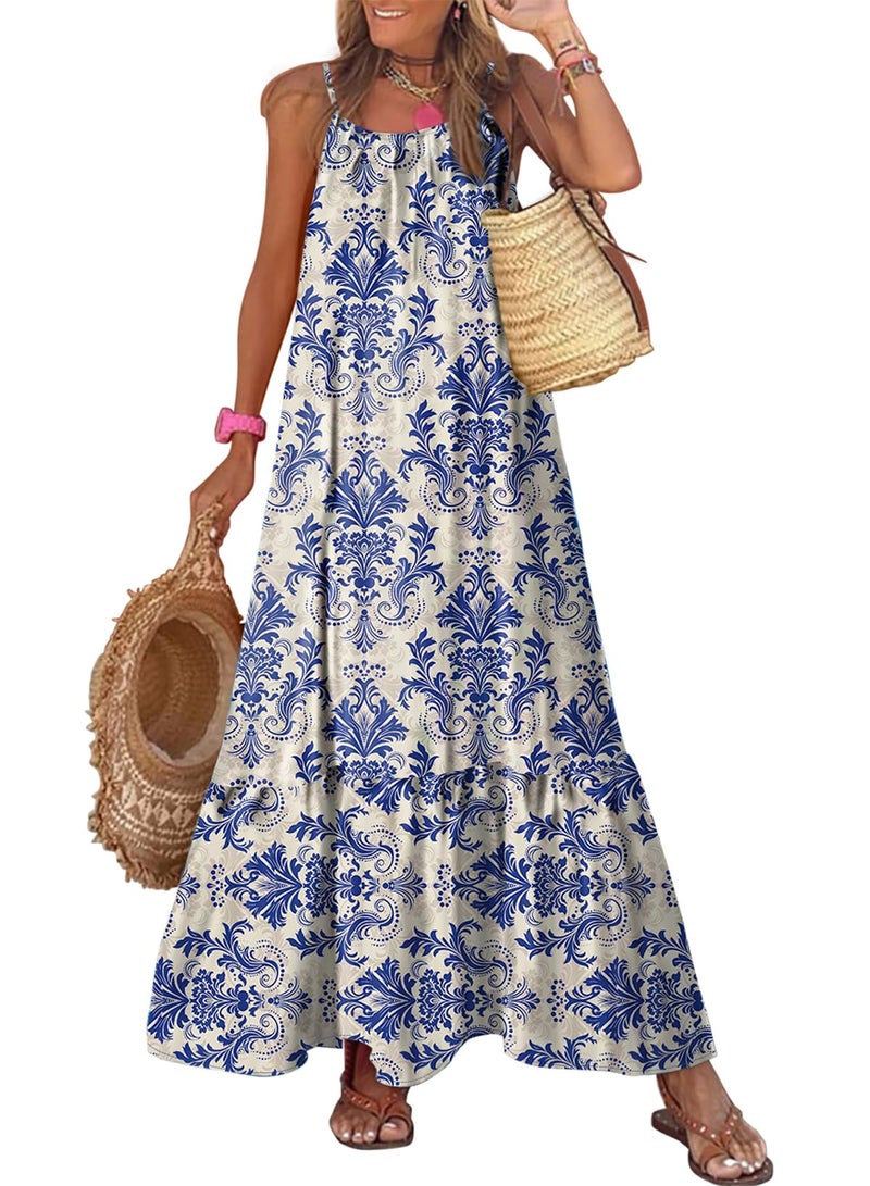 Dokotoo Summer Dresses for Women 2025 Scoop Neck Boho Dress Spaghetti Strap Sleeveless Beach Dress Ruffle A Line Maxi Dress Beach Vacation Essentials Small Sky Blue - Image 1