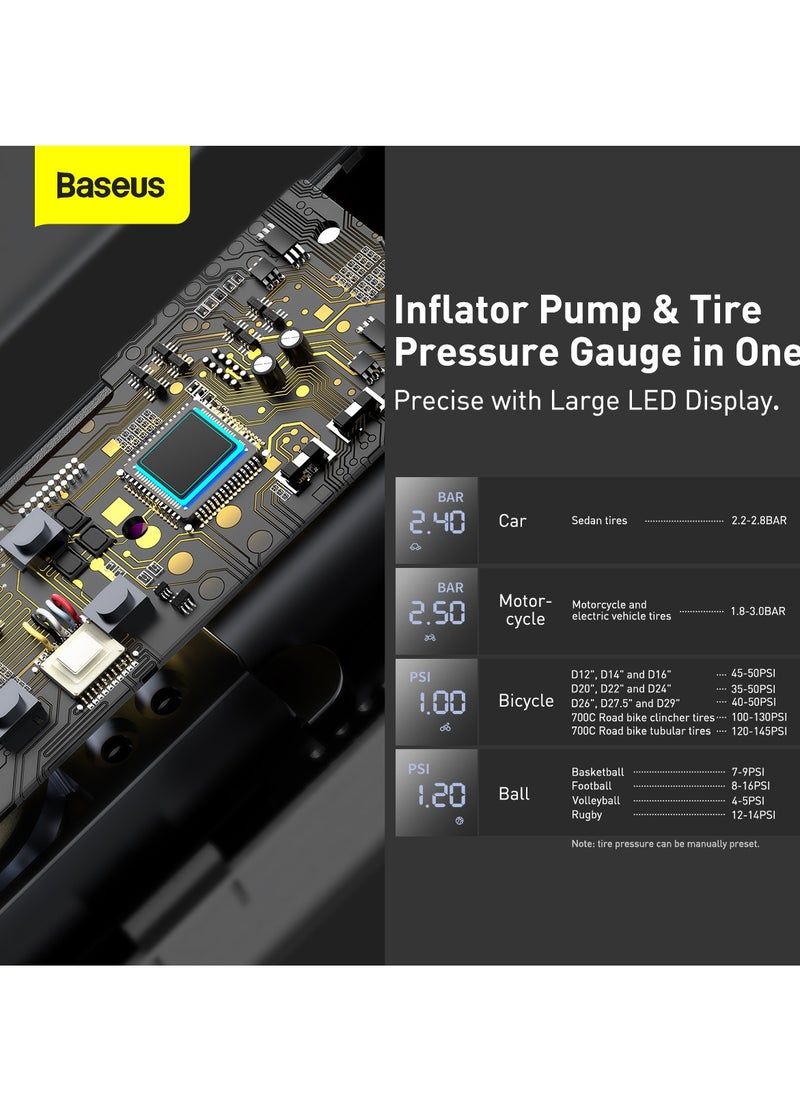 Baseus - Mini Air Inflator, Air Compressor, Portable Handheld Tire Pump for Cars with LED Light and 3M Cable, High Pressure Electric Air Pump for Cars, Bikes, Motorcycles, SUVs, RVs, Sports Balls and More - Compact, Fast Inflation, Easy to Use, Off-Road Accessories for Emergency and Tire Maintenance - Image 1