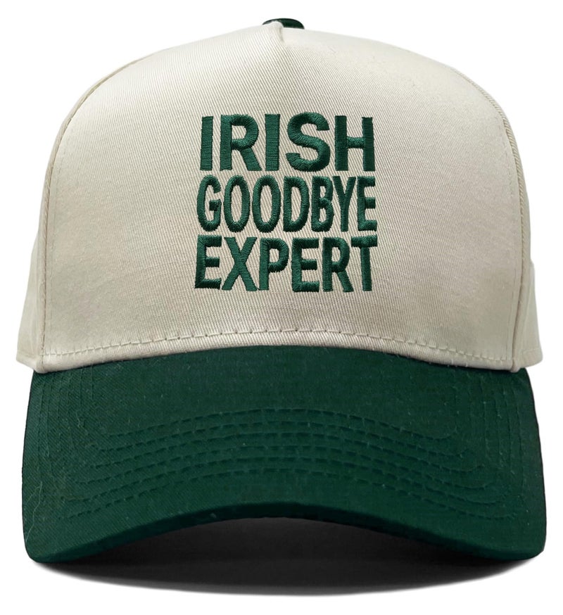 Funky Junque Green Vintage Snapback Trucker Cap, Embroidered Adjustable St Patrick's Day Irish Hat for Men and Women - Irish Goodbye Expert - Green/Beige - Image 1