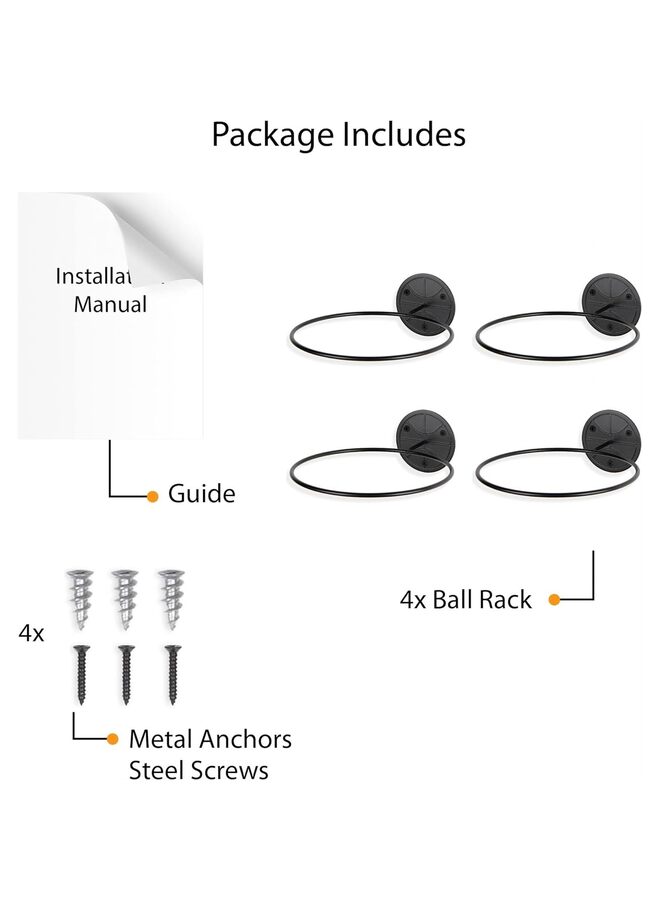 مجموعة من 4 رفوف تخزين الكرات المثبتة على الحائط، كرة القدم، الكرة الطائرة وكرة السلة، معدنية - Image 2