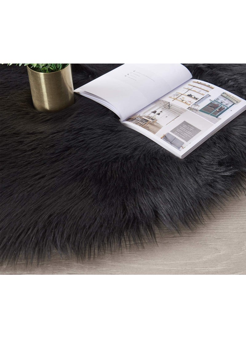 CottonFry CottonFry Faux Sheepskin Fur Area Rugs Round Fur Throw Rug Floor Mat Circular Carpet for Bedroom Soft Circle Kids Play Mat for Nursery Home Decor Black 30x30 Round  - Image 4
