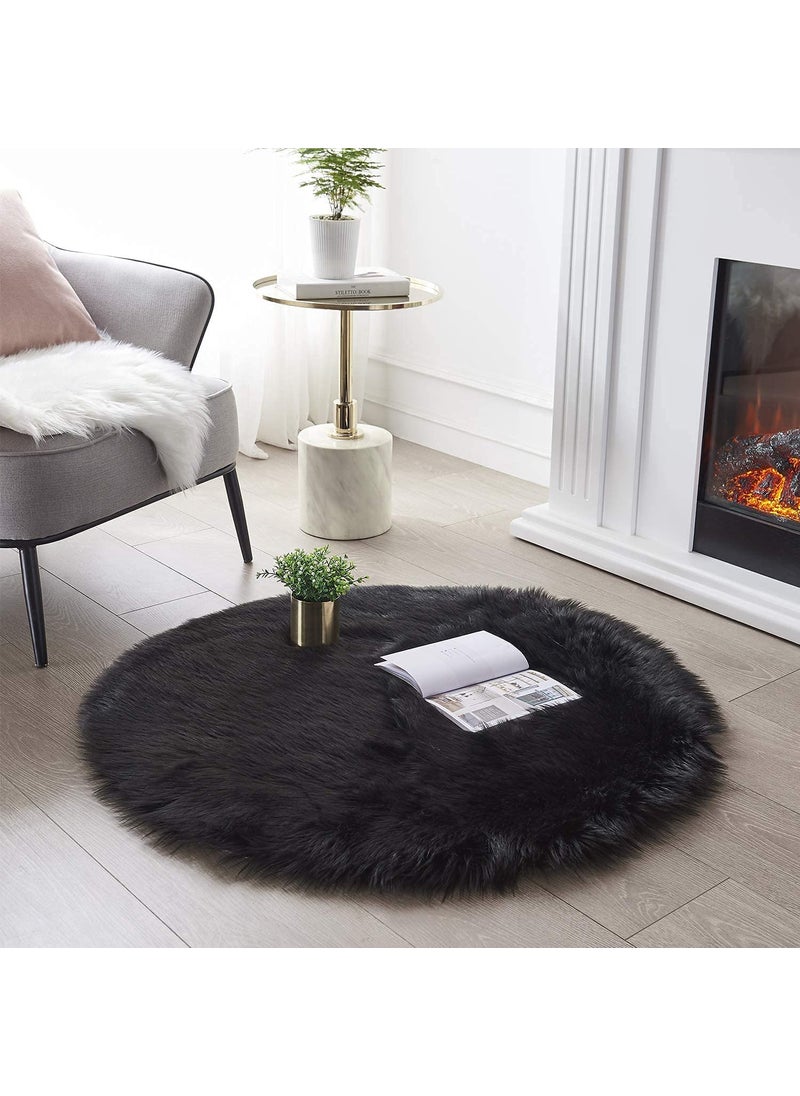 CottonFry CottonFry Faux Sheepskin Fur Area Rugs Round Fur Throw Rug Floor Mat Circular Carpet for Bedroom Soft Circle Kids Play Mat for Nursery Home Decor Black 30x30 Round  - Image 1
