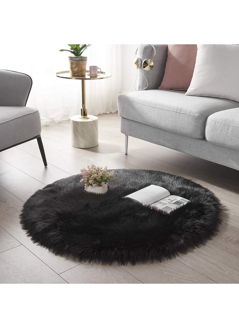 CottonFry CottonFry Faux Sheepskin Fur Area Rugs Round Fur Throw Rug Floor Mat Circular Carpet for Bedroom Soft Circle Kids Play Mat for Nursery Home Decor Black 30x30 Round  - Image 2