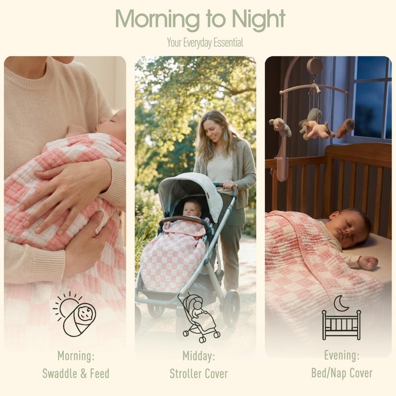 HardNok Ultra-Soft Muslin Baby Blanket - Swaddle & Crib for Girls, Pink Checkered (1-Pack) - Image 4
