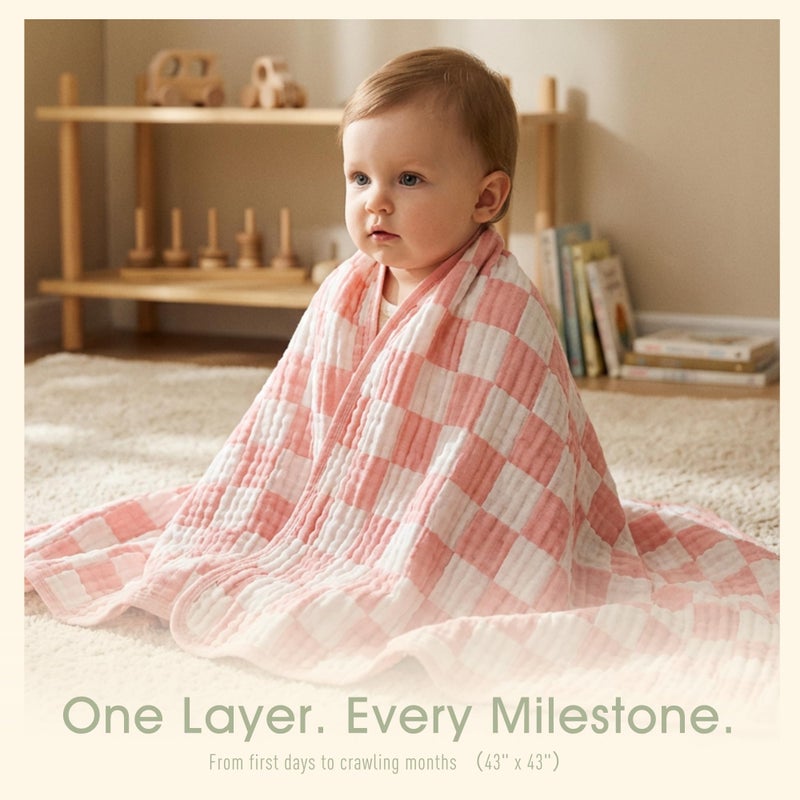 HardNok Ultra-Soft Muslin Baby Blanket - Swaddle & Crib for Girls, Pink Checkered (1-Pack) - Image 2