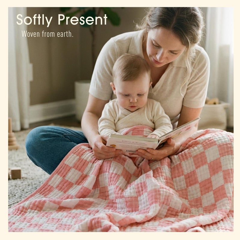 HardNok Ultra-Soft Muslin Baby Blanket - Swaddle & Crib for Girls, Pink Checkered (1-Pack) - Image 5