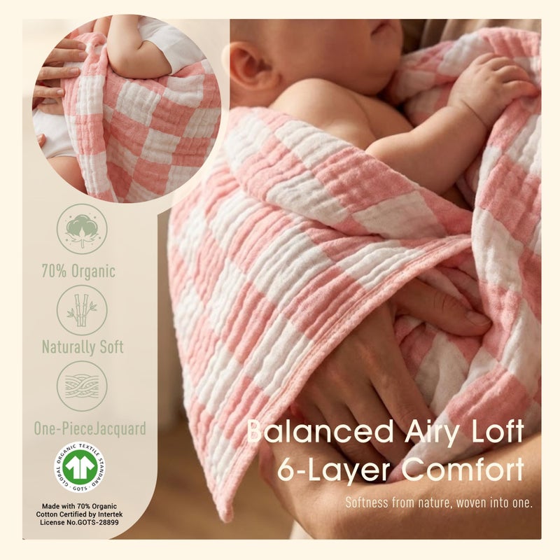 HardNok Ultra-Soft Muslin Baby Blanket - Swaddle & Crib for Girls, Pink Checkered (1-Pack) - Image 3