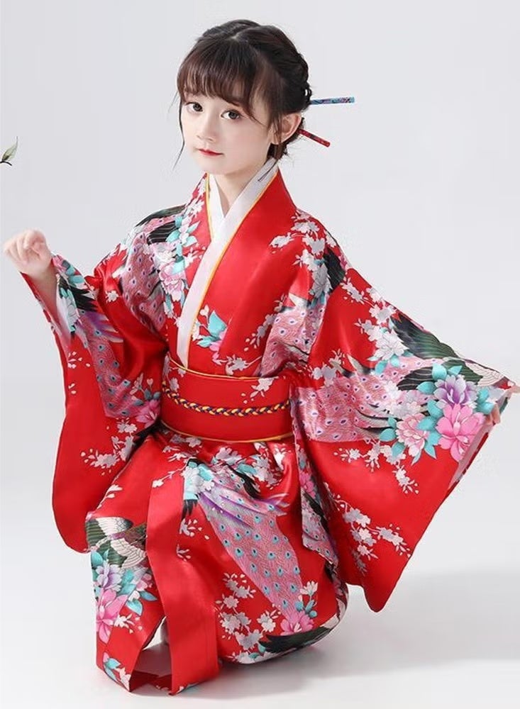 Kids Girls Kimono Japanese Asian Top Dress Robe Sash Belt Outfit - Image 2