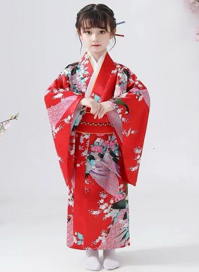 Kids Girls Kimono Japanese Asian Top Dress Robe Sash Belt Outfit - Image 1