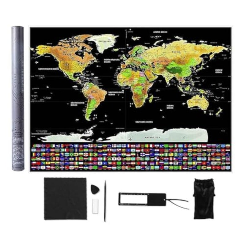 خريطة العالم للخدش من Funito مع الأعلام - 83 60 سم سهلة التأطير ملصق فني جداري لخريطة العالم مع أعلام الولايات المتحدة - خريطة العالم الفاخرة للخدش مصممة للمسافرين - Image 1