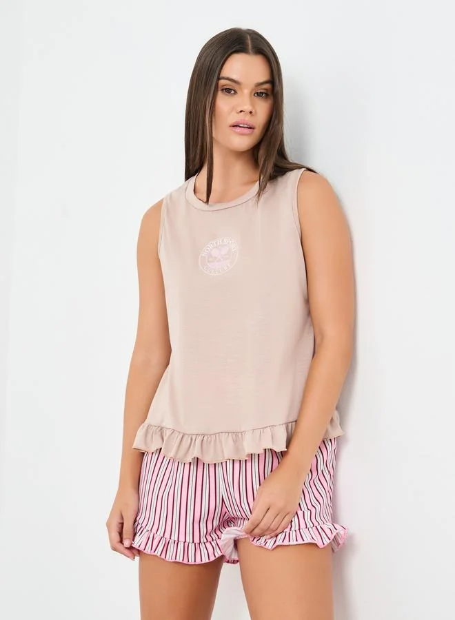 ستايلي Styli Ruffle Hem Graphic Tank and Striped Shorts Set